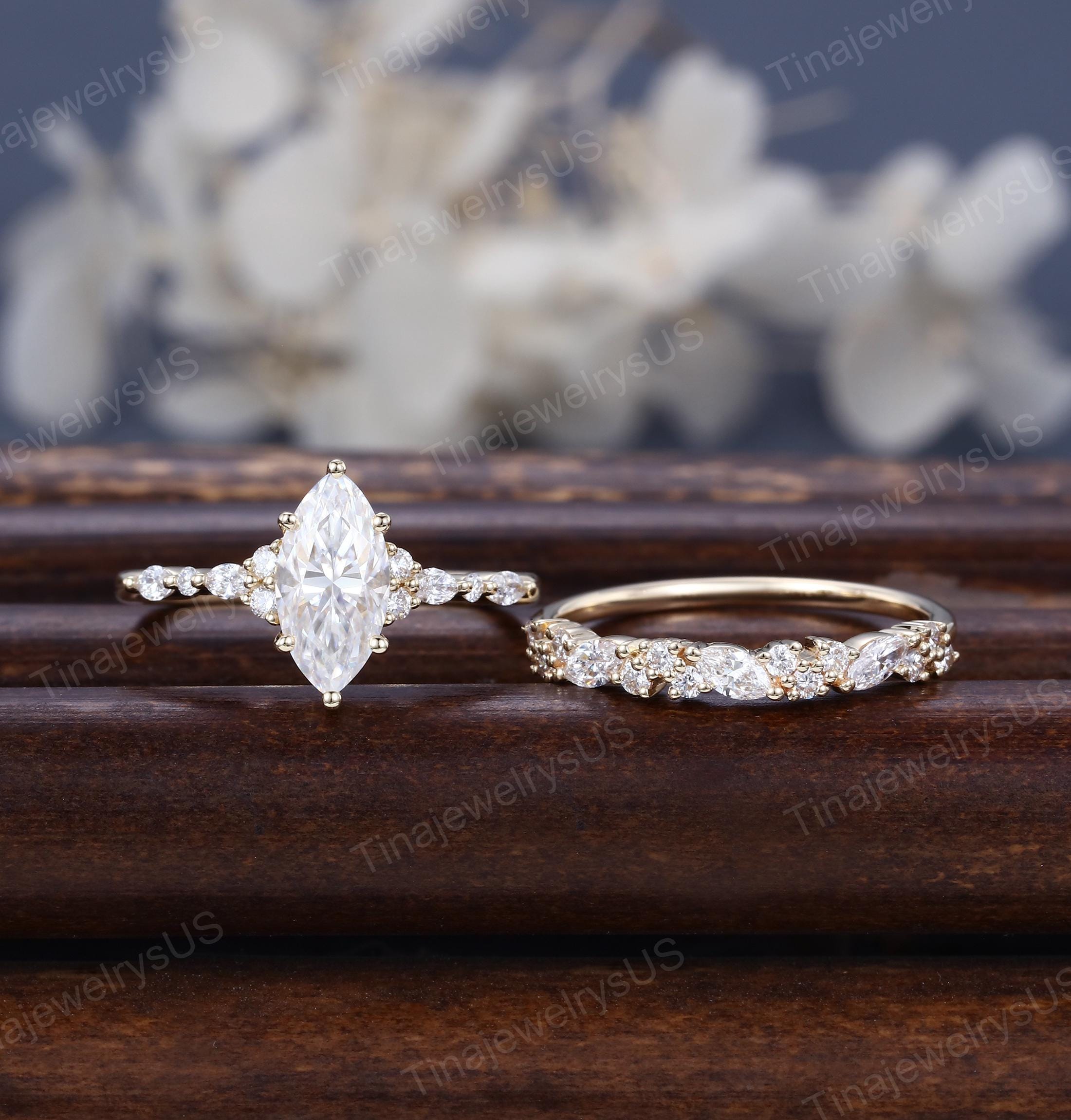 Handmade Marquise Moissanite Engagement Ring Set: 14k Yellow Gold Bridal Stacking Rings