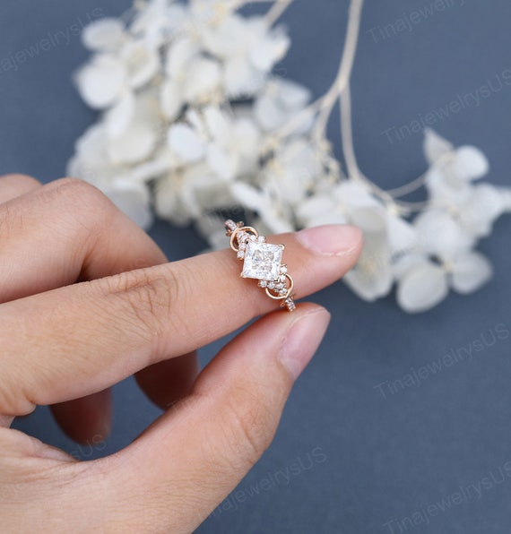 Vintage Princess Cut Moissanite Engagement Ring Rose Gold  