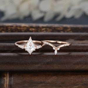 Kite cut moissanite engagement ring set Rose gold engagement ring Vintage marquise kite diamond ring women stacking bridal wedding ring set