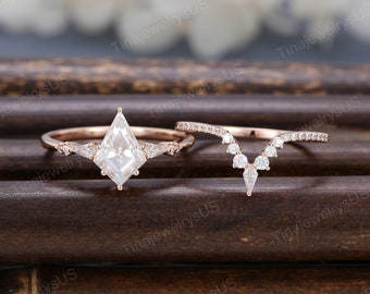 Vintage kite cut moissanite engagement ring set rose gold half eternity pave diamond ring unique bridal set anniversary stack wedding band