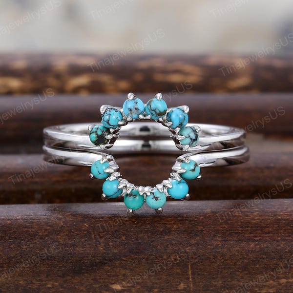 Turquoise Double Curved Wedding Band Set Solid 14K White Gold Bridal Enhance Stacking Rings Matching Marriage Ring Anniversary Gift For Wife