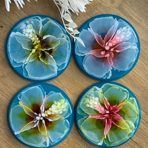 Resin Hibiscus Coasters on Deep Teal, Set of 4, Drink Coaster, Candle Coaster, Coffee/Tea/Cocktail Coaster, Resin Flower Art