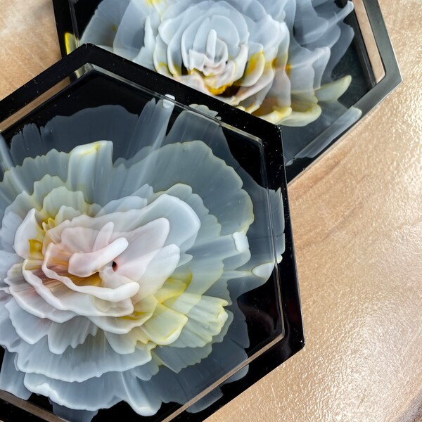 Sweet Orange Tinted Peony Resin Coaster Set of 2,  Rimmed Drink Coaster, Candle Coaster, Cocktail Coaster, Trinket Dish, Resin Flower Art