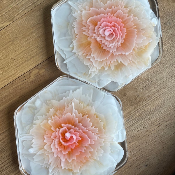 Beautiful Peach Peony Resin Coaster Set of 2 Drink Coaster, Candle Coaster, Cocktail Coaster, Coffee/Tea Coaster, Peony Resin Art