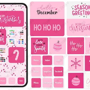 May include: Pink and white Christmas themed phone wallpaper with candy cane designs and various icons. The wallpaper includes text such as "Merry Christmas", "Ho Ho Ho", "Love Peace Joy", and "Seasons Greetings".