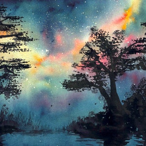 赤い木の水彩画、風景、オリジナル水彩画、秋の風景、自然アート