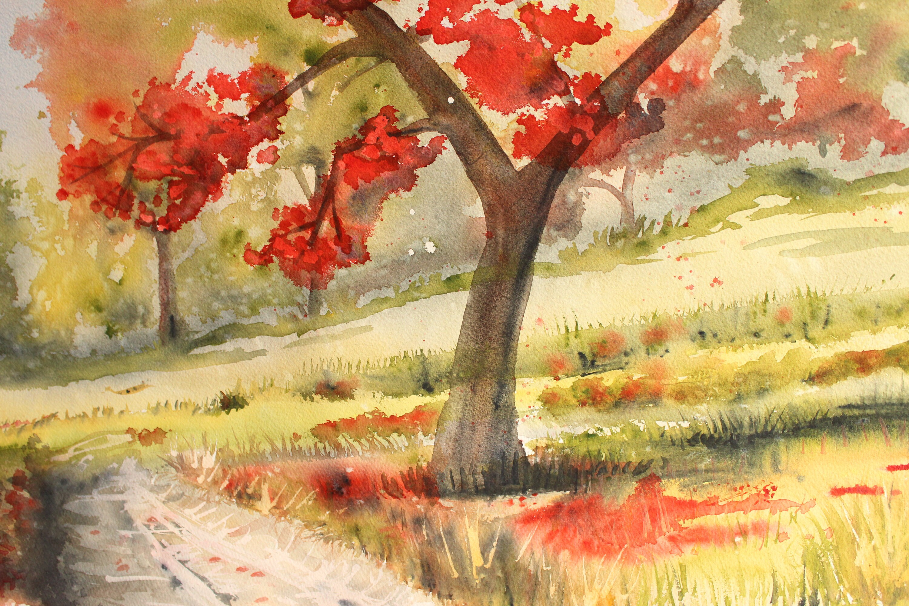 水彩画 秋の景色 水彩画 秋の景色 秋の公園 【透明水彩風景画】 Autumn leaves