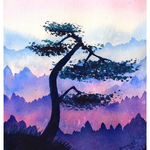 赤い木の水彩画、風景、オリジナル水彩画、秋の風景、自然アート