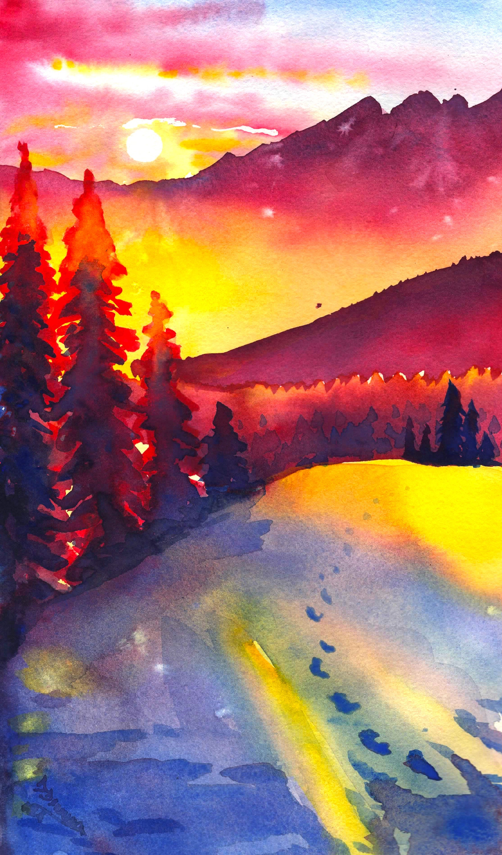 Watercolor Mountainscape Painting With Sunset in the