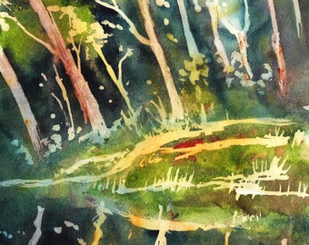 Pintura de paisaje de acuarela pintada a mano con bosque, obra de arte original, paisaje abstracto, arte de pared, decoración de la naturaleza