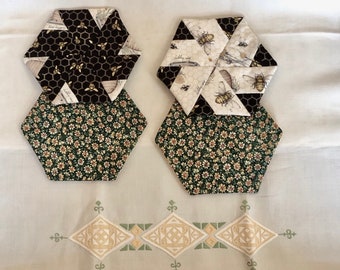 Honey Bees Beehive Quilted Mug Rugs, hexagon shaped, set of 2, reversible