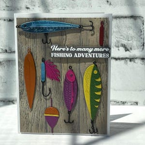 Tarjeta de jubilación, Exhibición de señuelos de pesca, Guías de pescadores, Tarjeta de felicitación masculina, Aventuras de pesca, Regalo de jubilación, Signo de pesca desaparecida