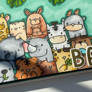 Tarjeta de baby shower, tarjetas de género neutro, tarjeta de bebé de la selva, tarjeta de felicitación de hoja de Monstera, animales bebés, león africano, animales de Safari Park, regalo