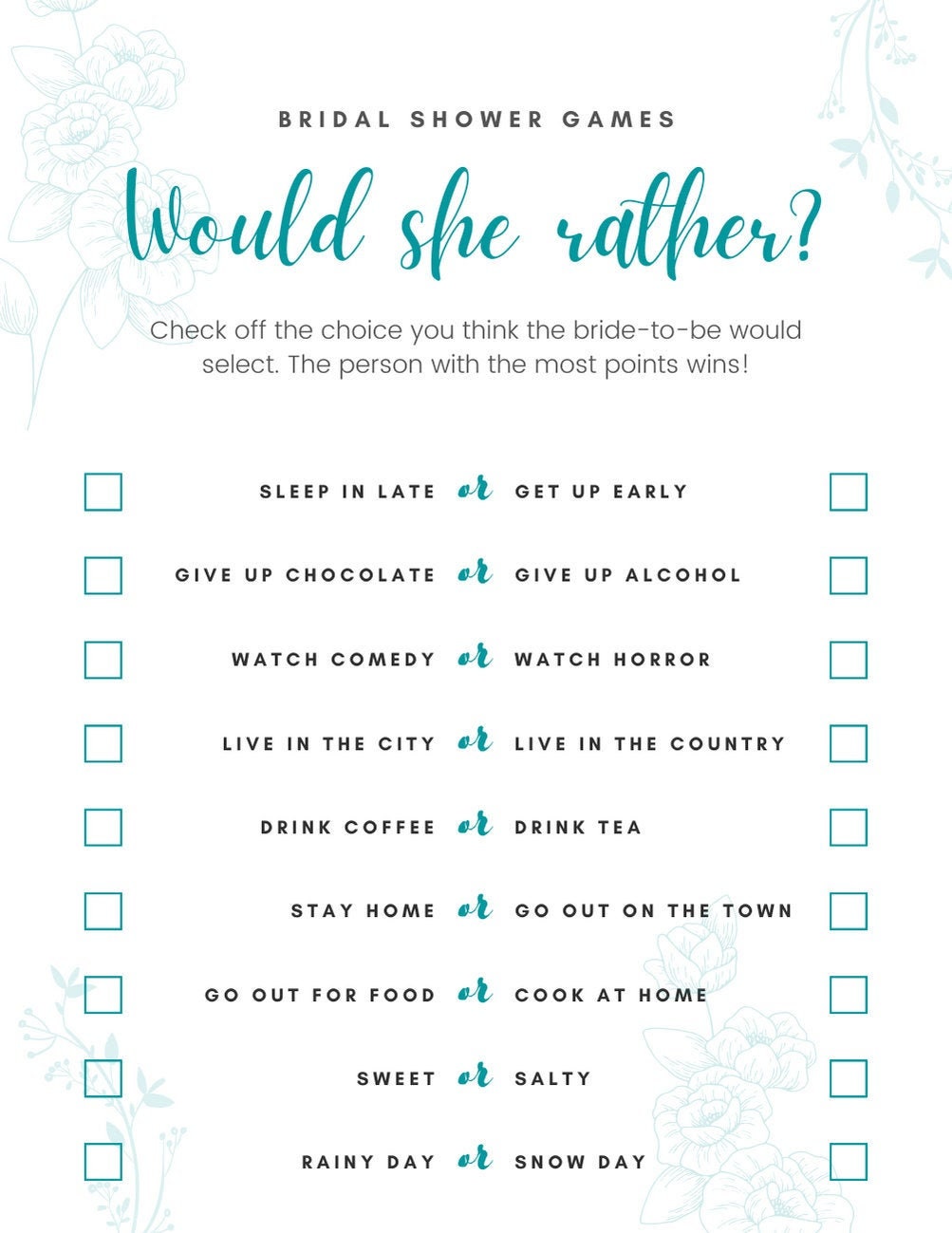 Printable Bridal Shower Game Would she rather game | Etsy