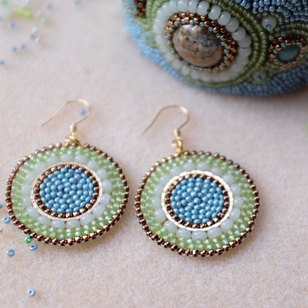 Statement  Earrings, Beaded Disc Earrings, Green and Blue Earrings, Circle Earrings, Statement Jewellery, Gift for Her, UK