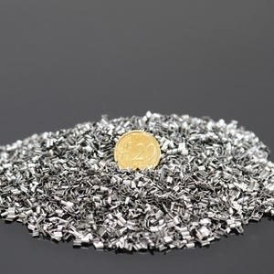 May include: A pile of small, silver-colored metal pieces with a gold-colored coin on top. The coin has the number "2" on it. The background is a dark gray color.