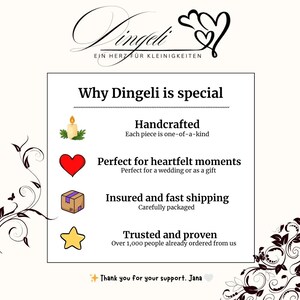 Op de afbeelding: Een afbeelding met de tekst "Waarom Dingeli speciaal is" en de woorden "Handgemaakt", "Perfect voor ontroerende momenten", "Verzekerde en snelle verzending" en "Betrouwbaar en bewezen". De afbeelding bevat ook een logo en de tekst "Bedankt voor je steun. Jana".