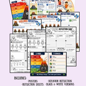 Attività SEL Feelings Volcano™ / Kit di strumenti per l'autoregolazione / Materiale stampabile per l'angolo della calma / Tabella delle emozioni / Riflessione sul comportamento /