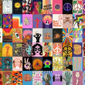 Qpout 70 pz Hippie Trippy Immagini Estetiche Poster Kit Collage Da Parete, Poster Psichedelici Immagini Estetiche Da Parete Cool Astratto FAI DA TE Neon Rock Trippy Dormitorio Display (4x6 pollici