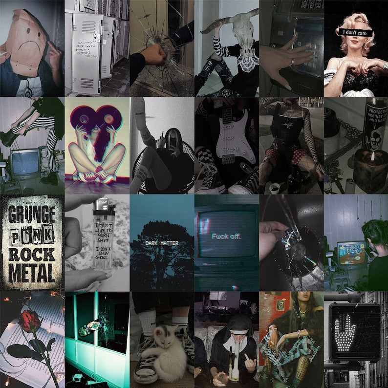 May include: A collage of images with a grunge aesthetic. Includes a person wearing a paper bag with a sad face, a lighter with text, a TV screen with "Fuck off," and a sign that says "Grunge Punk Rock Metal."