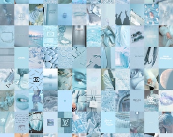 May include: A blue and white aesthetic collage featuring various images, including fashion accessories, logos, and abstract designs. The collage includes the words "Gucci", "Chanel", "Dior", "Burberry", "Prada", "Princess", "Women", "Girl Boss", and "Vogue".