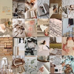 May include: A collage of images featuring books, flowers, music, and other vintage-inspired elements. The images are arranged in a grid pattern and have a soft, romantic aesthetic.