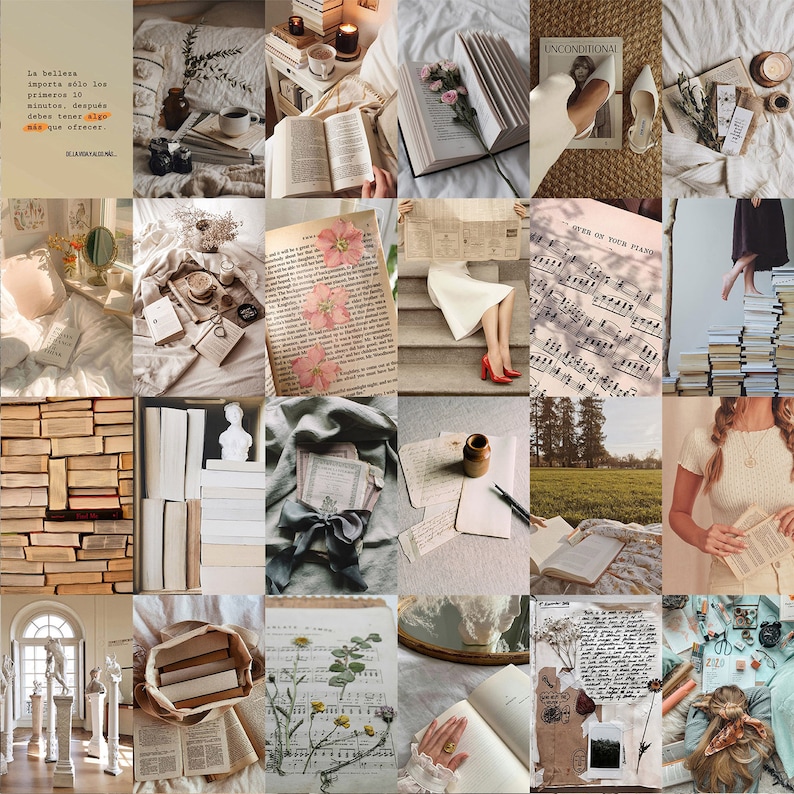 May include: A collage of images featuring books, flowers, music, and other vintage-inspired elements. The images are arranged in a grid pattern and have a soft, romantic aesthetic.