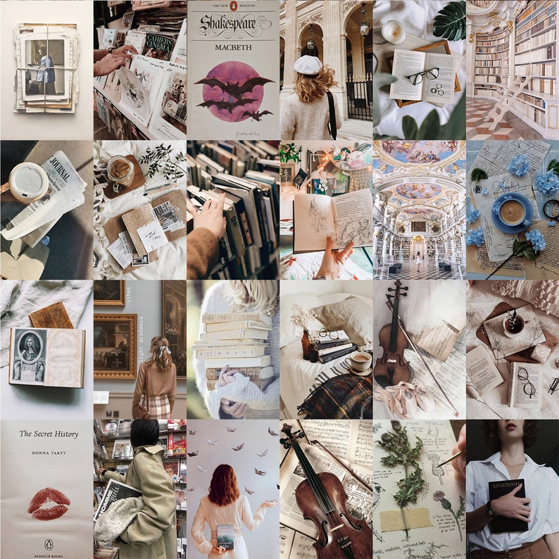 May include: A collage of images featuring books, coffee, flowers, and a violin. The images are arranged in a grid pattern and have a vintage aesthetic.