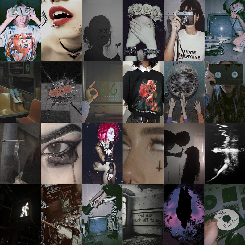 May include: A collage of aesthetic images with a dark, alternative theme. Includes a person wearing a shirt that says "I hate everyone", a disco ball, and a vinyl record labeled "Sad Music Bad Day".