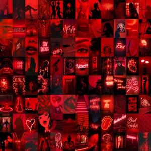 Op de afbeelding: Een collage van rode en zwarte afbeeldingen met neonborden, tekst en afbeeldingen. De collage bevat zinnen als "Love is a Losing Game", "Stay Badass", "Girls Club", "Bad decisions make good stories" en "Sinners".