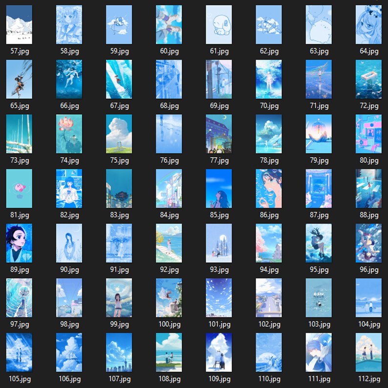 May include: A collection of 112 digital images featuring a variety of blue and white landscapes, cityscapes, and seascapes. The images are arranged in a grid format, with each image labeled with a file name.