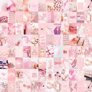 May include: A pink aesthetic collage featuring images of flowers, makeup, fashion accessories, and other girly items. The collage includes text such as "Pink Vibes Only", "Good Vibes Only", "Girl Boss", and "Gucci".