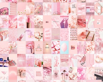 Könnte beinhalten: Eine rosa ästhetische Collage mit Bildern von Blumen, Make-up, Modeaccessoires und anderen mädchenhaften Gegenständen. Die Collage enthält Text wie "Pink Vibes Only", "Good Vibes Only", "Girl Boss" und "Gucci".