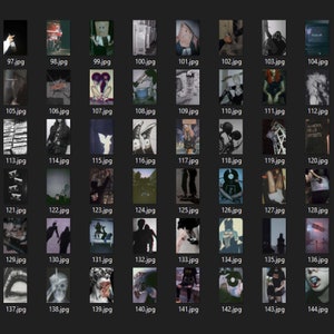 May include: A collection of digital art images, each labeled with a .jpg file name. The images vary in style, including portraits, illustrations, and abstract designs. The color palette is predominantly dark, with some images featuring text.