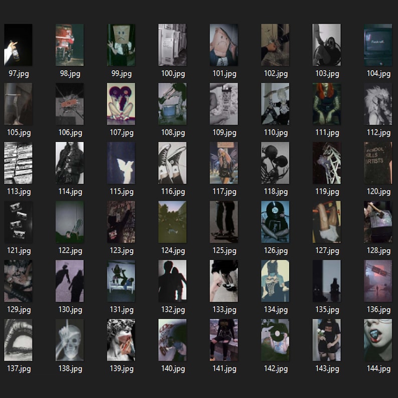 May include: A collection of digital art images, each labeled with a .jpg file name. The images vary in style, including portraits, illustrations, and abstract designs. The color palette is predominantly dark, with some images featuring text.