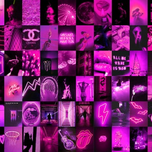 Op de afbeelding: Een collage van afbeeldingen in verschillende tinten roze en paars. De afbeeldingen bevatten neonborden, modeaccessoires en abstracte ontwerpen. Sommige van de teksten in de afbeeldingen zijn "I love you", "Psycho", "Girls just wanna have fun", "All we have is now" en "Bad decisions make good stories".