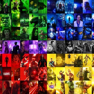 Op de afbeelding: Een kleurrijke collage van Marvel-personages, waaronder Captain America, Iron Man, Thor, Hulk, Black Widow en meer. De personages zijn gerangschikt in een rasterpatroon, waarbij elk personage in een andere kleur verschijnt. De kleuren zijn gerangschikt in een regenboogpatroon, met rood bovenaan en violet onderaan. De afbeelding is een viering van het Marvel Cinematic Universe.