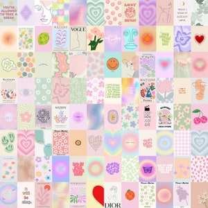 May include: A collage of 64 colorful digital illustrations with various themes, including flowers, hearts, butterflies, and text. The illustrations are arranged in a grid pattern and feature a variety of colors, including pink, blue, green, and yellow.