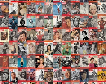 May include: A collage of vintage LIFE magazine covers featuring various people and events. The covers are arranged in a grid pattern and feature a variety of colors and designs.
