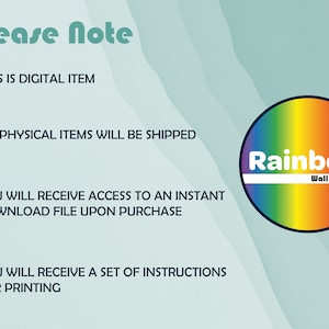 May include: A digital download for a rainbow wall collage. The image shows a rainbow circle with the text "Rainbow Wall Collage". The text "Please Note" is at the top of the image, followed by a list of instructions for the digital download.