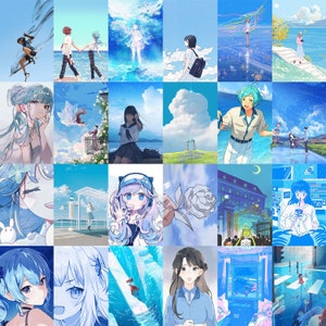 May include: A collage of digital illustrations featuring various characters in different settings. The illustrations are in a pastel color palette with a focus on blue and white. Some of the characters are wearing casual clothing, while others are wearing more formal attire. The illustrations are set against a variety of backgrounds, including a beach, a city street, and a forest.