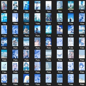May include: A collection of 56 digital images featuring various anime-style illustrations with a blue color scheme. The images depict characters, landscapes, and abstract designs.
