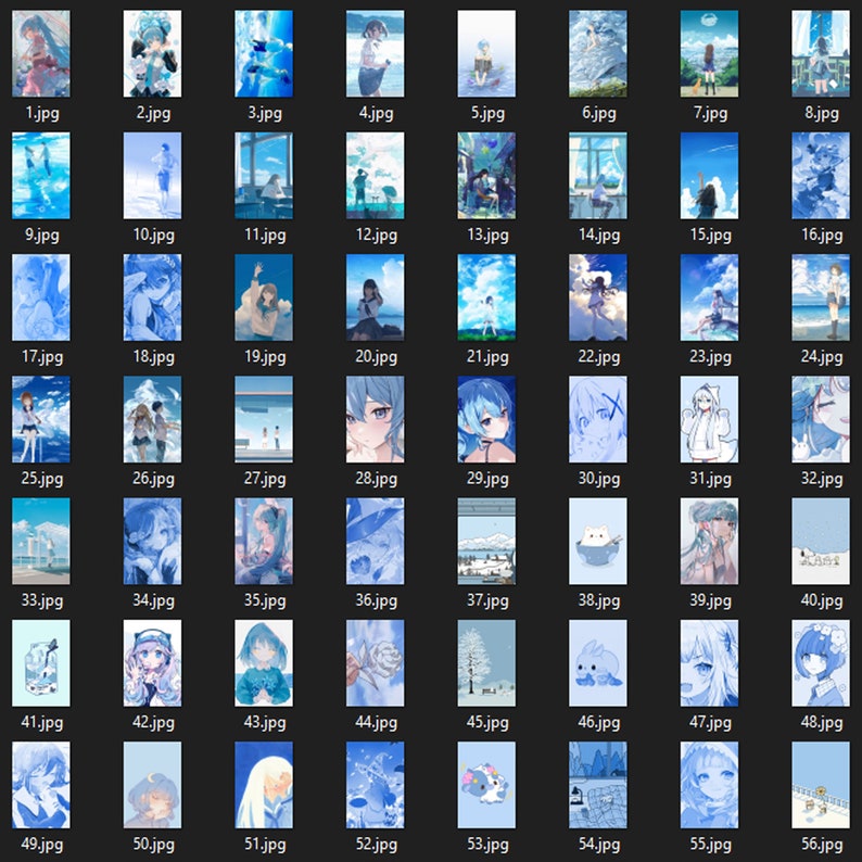 May include: A collection of 56 digital images featuring various anime-style illustrations with a blue color scheme. The images depict characters, landscapes, and abstract designs.