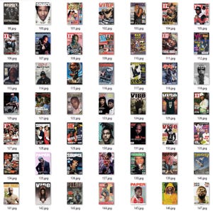 May include: A collage of magazine covers featuring hip hop artists and musicians. The covers are from various magazines, including Vibe, Source, XXL, and Paper. The covers feature a variety of artists, including Jay-Z, Nas, Eminem, and 50 Cent.