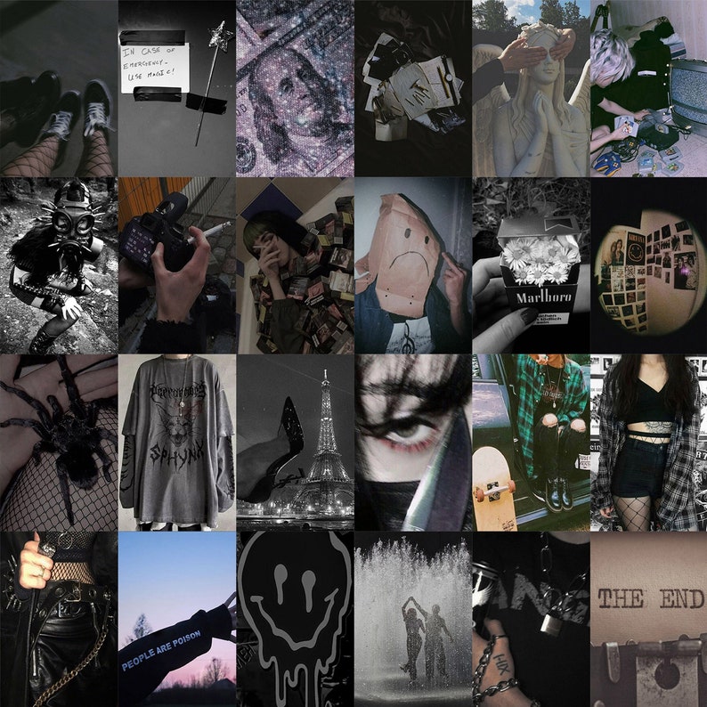 May include: A collage of black and white images with a dark aesthetic. Includes a close-up of a tarantula, a pack of Marlboro cigarettes, a photo of the Eiffel Tower, and a close-up of an eye.