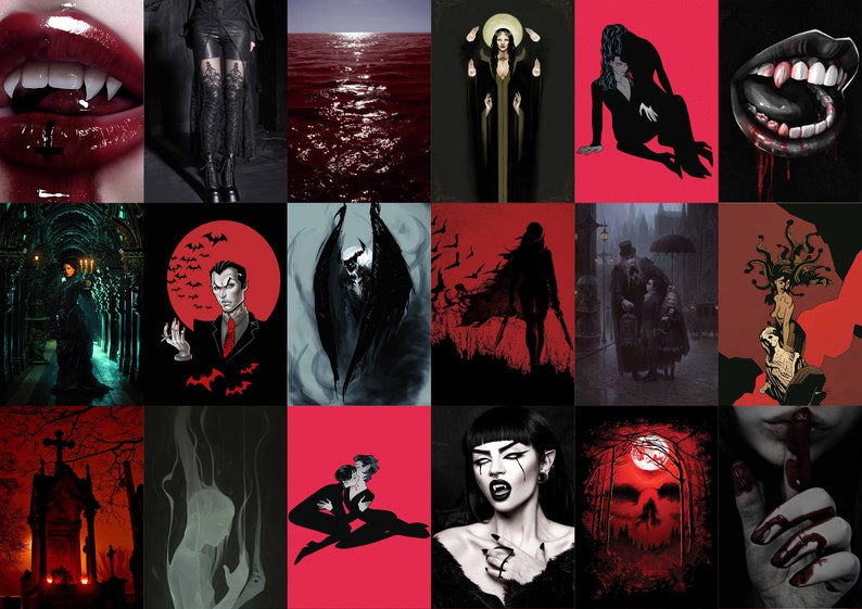 May include: A collage of images with a vampire theme. The images include a red background, a vampire with fangs, a bat, a skull, and a graveyard.
