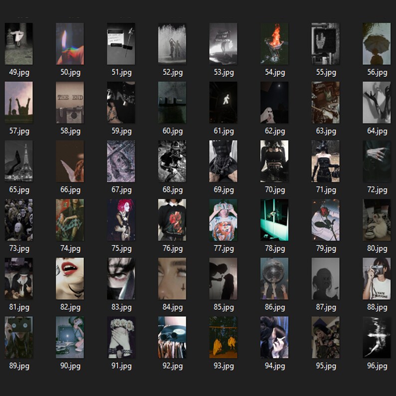 May include: A collection of 48 digital images, each labeled with a number and the .jpg file extension. The images vary in content, including portraits, abstract art, and graphic designs. The color palette is diverse, ranging from grayscale to vibrant hues.