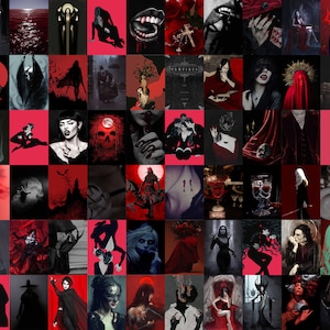 May include: A collage of images featuring gothic and vampire themes. The images are mostly in shades of red and black, with some featuring a pink background. The images include portraits of people, skulls, bats, and other gothic imagery.