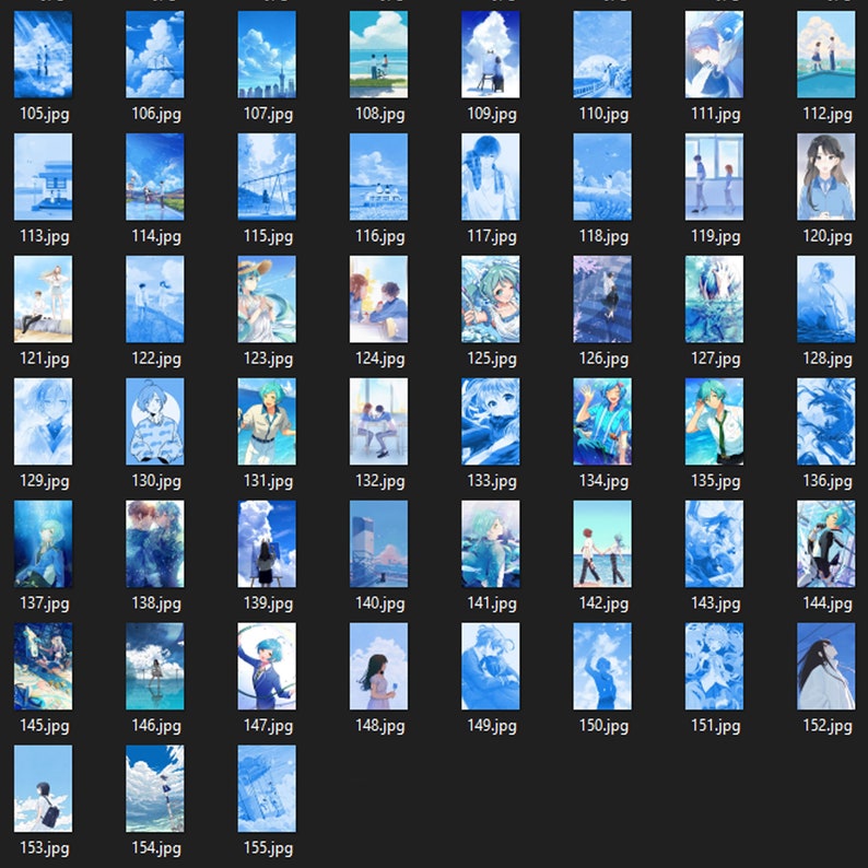 May include: A collection of 155 digital illustrations featuring a blue and white color scheme. The illustrations depict a variety of scenes, including landscapes, cityscapes, and portraits.