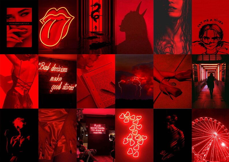 Red Aesthetic Collage Wall Kit Neon Red Collages Printable Etsy